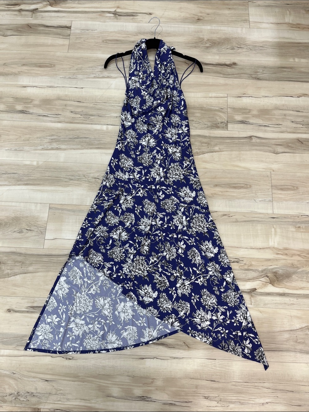 Alice + Olivia Navy and White Floral Asymmetrical Halter Dress